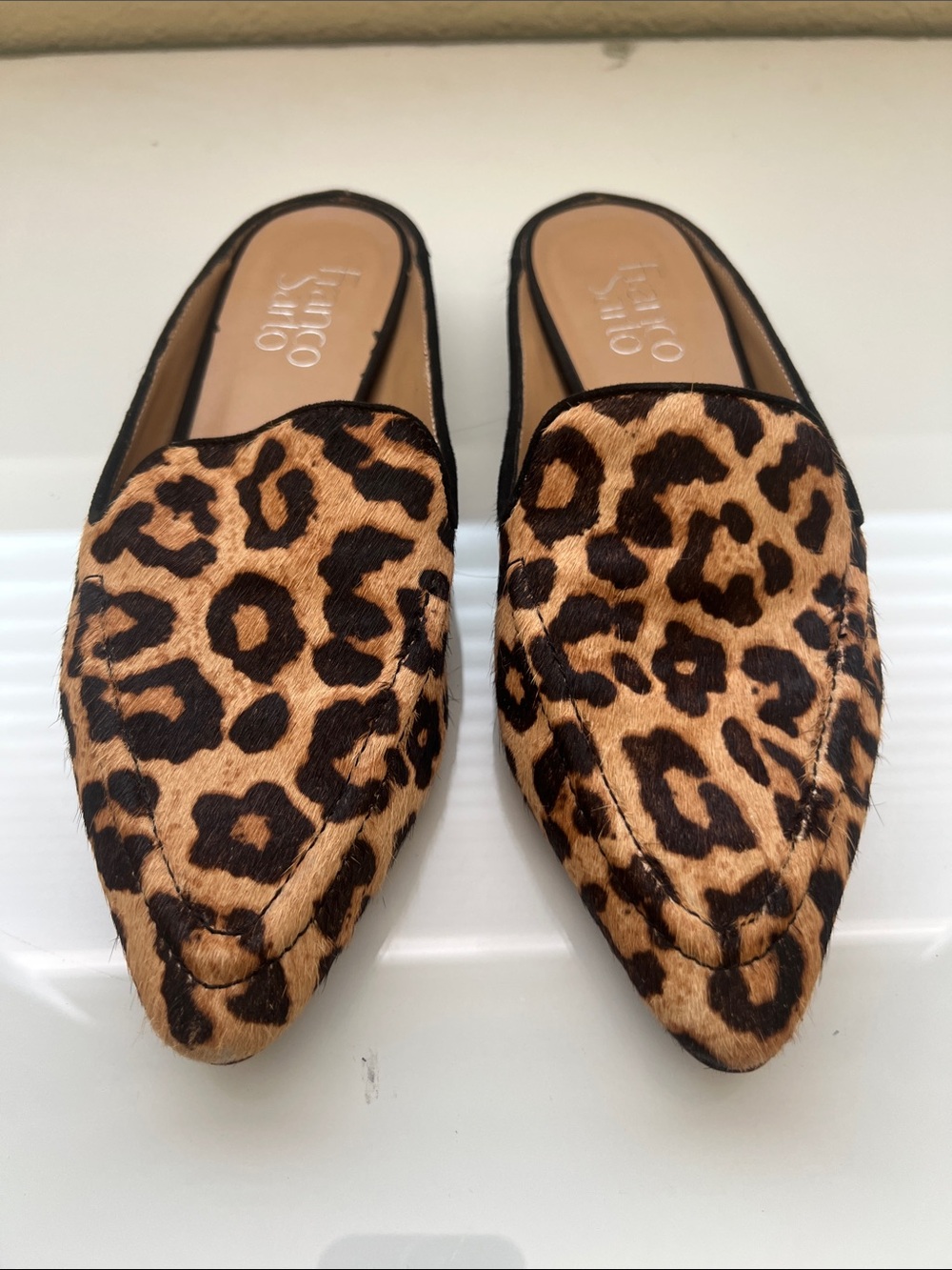 Franco Sarto Leopard-Print Pointed Toe Mule in Tan and Black